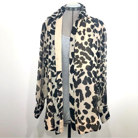TopShop Tan Black Animal Print Semi Sheer Long Sleeve Button Up Tunic Blouse - Picture 2 of 16